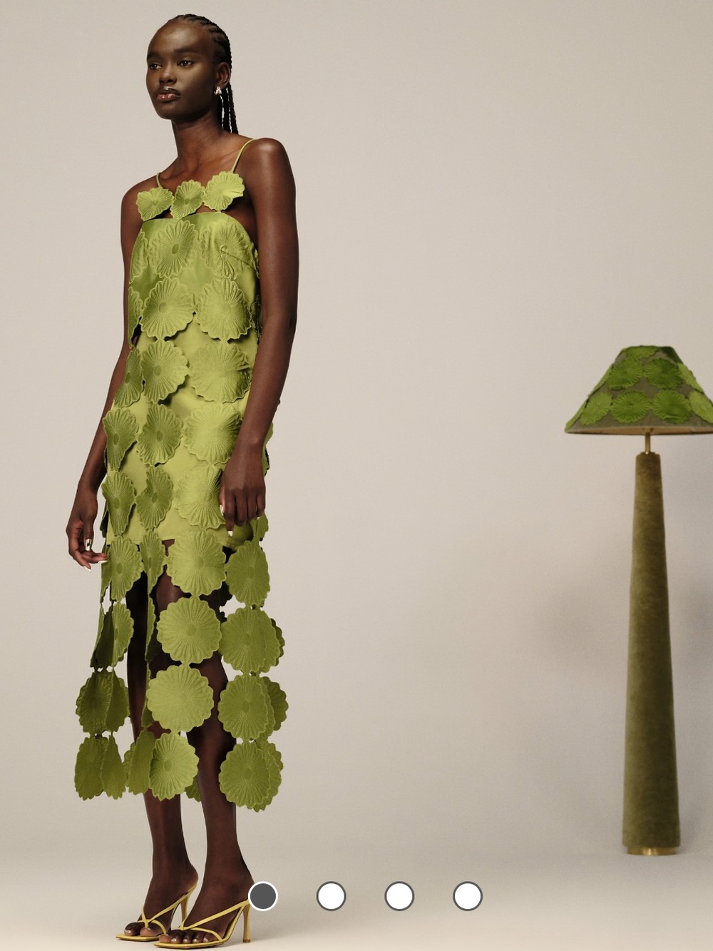 ARRANGE cutwork floral midi dress with fringe hem in olive green
